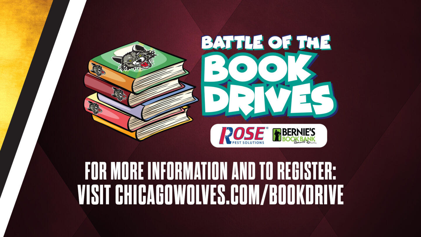 16x9_BerniesBattleBookDrives Stack of books with a wolf logo, joined by the Bug Squad. Text reads "Battle of the Book Drives." Sponsors listed. Visit chicagowolves.com/bookdrive for info and registration.