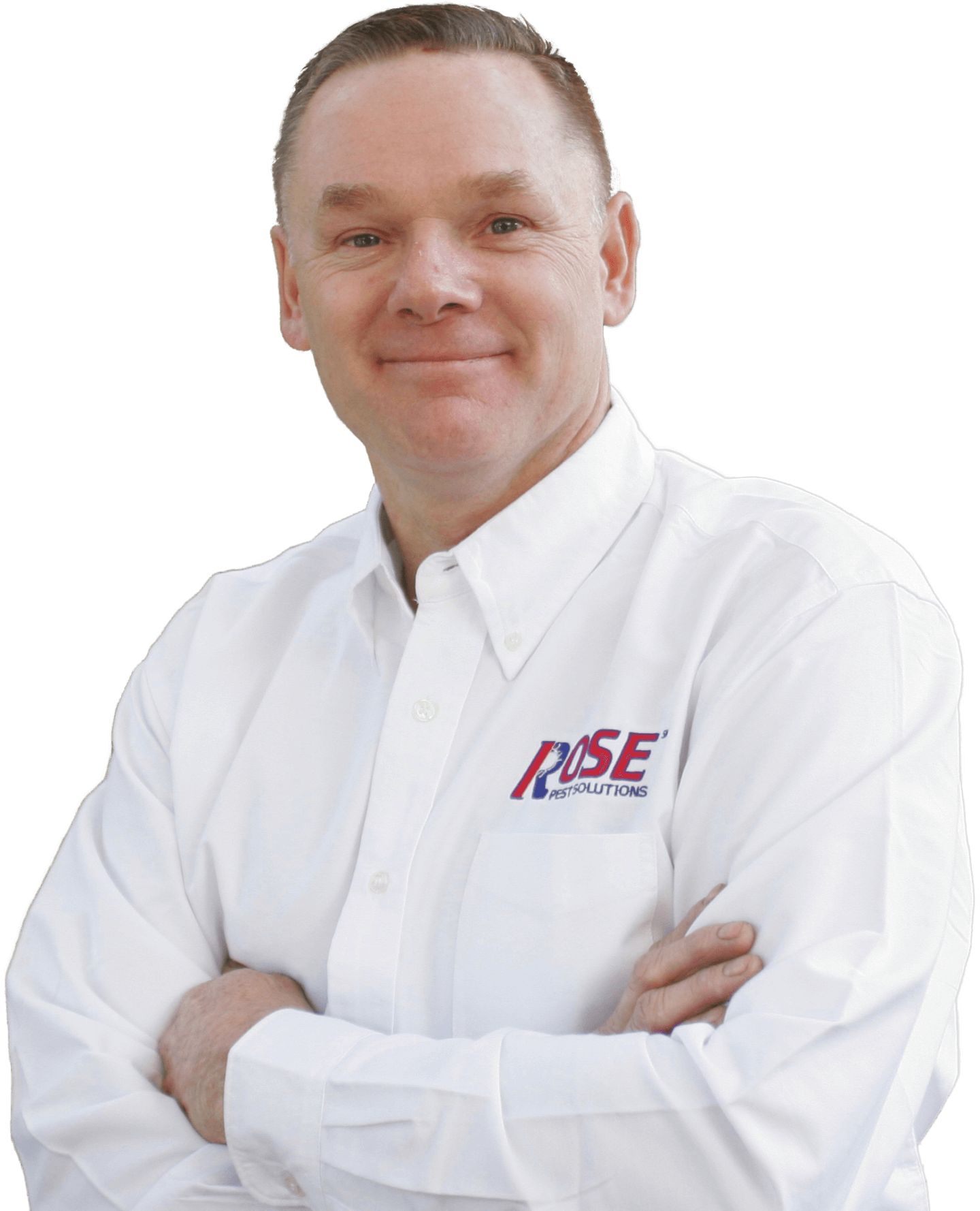 Rose Pest Solutions Employee Rose Pest Solutions employee with the "ROSE PEST SOLUTIONS" logo stands with arms crossed, smiling at the camera against a plain white background, representing trusted residential pest control services.