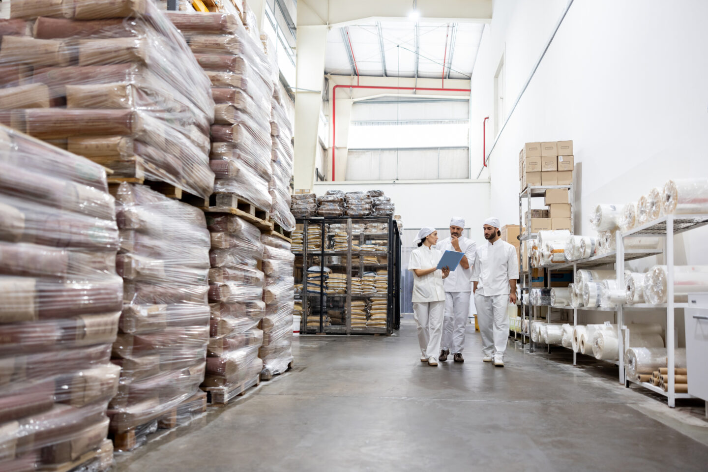 A group of food factory workers is walking through a warehouse in Chicago, IL